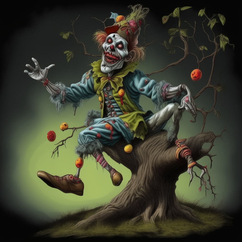 CyberDroid "The Comedian"
Prompt : the terrifying clown zombisitting on the branch of giant tree, juggling some juggler