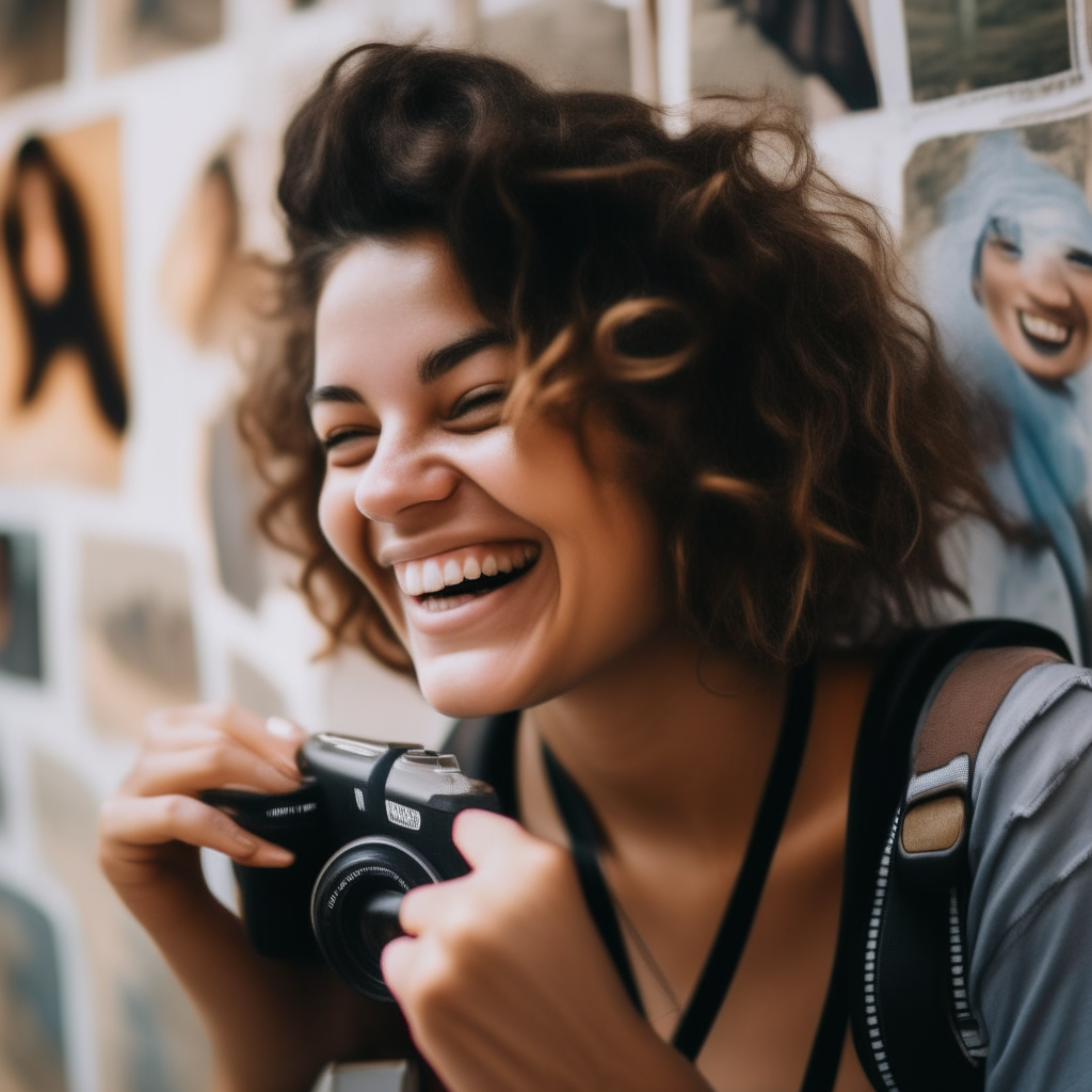 A young woman smiling as she looks at photos from her travels, made possible by consistently saving part of each paycheck