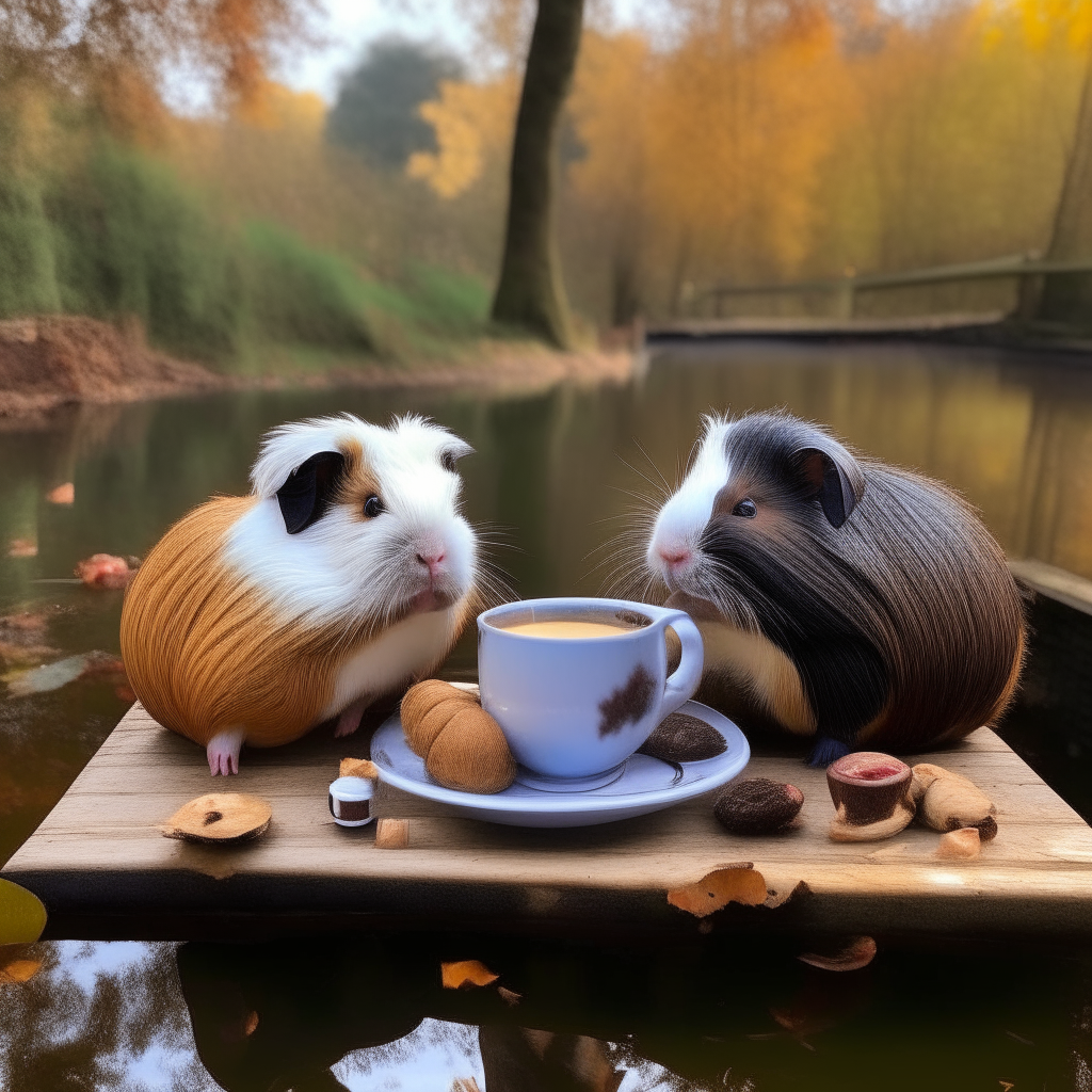 two guinea pigs sipping hot chocolate by a canal