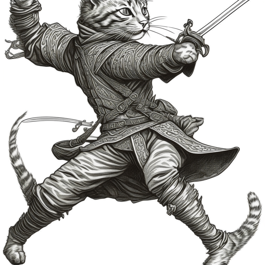 Puss in Boots swinging a sword, preparing for battle, dynamic pose, intricate linework