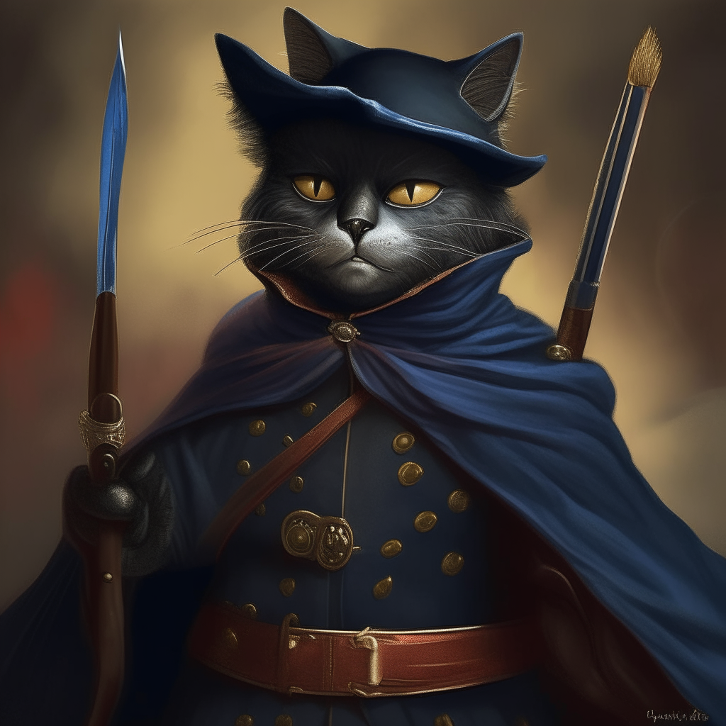 Puss in Boots wearing a Zorro style mask and cape, wielding a rapier sword, highly detailed digital painting