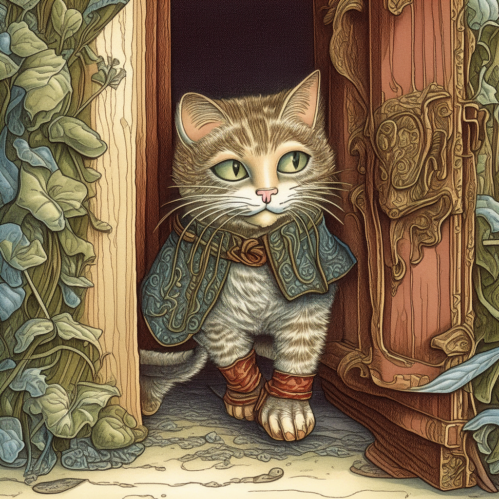 Puss in Boots peeking around a corner, curious expression, intricate linework and coloring