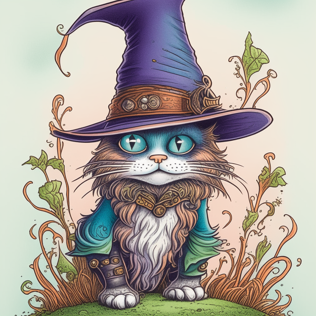 Puss in Boots peeking out of a wizard's hat, curious expression, intricate linework and coloring