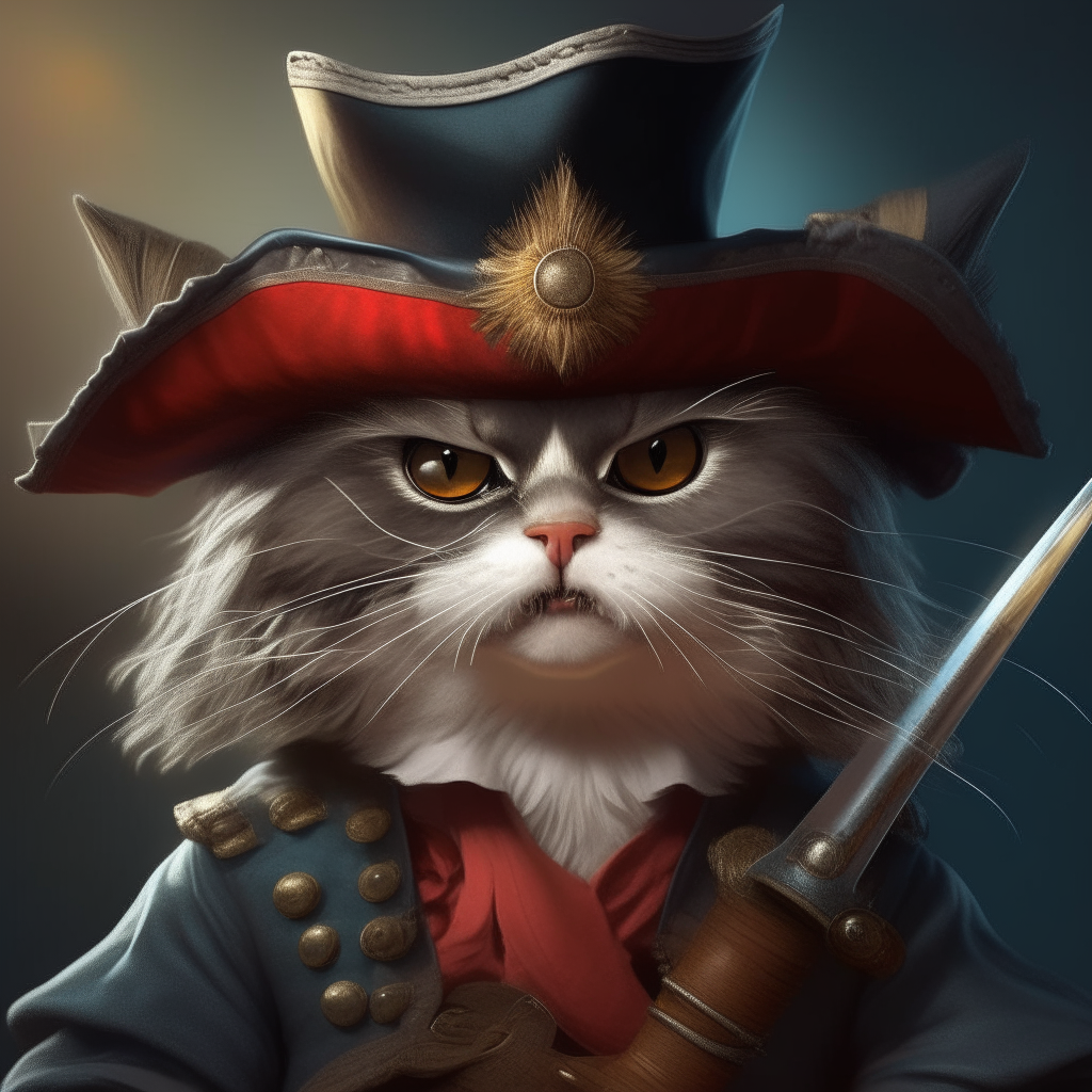 Puss in Boots wearing a large pirate hat, eye patch and holding a sword, highly detailed digital painting
