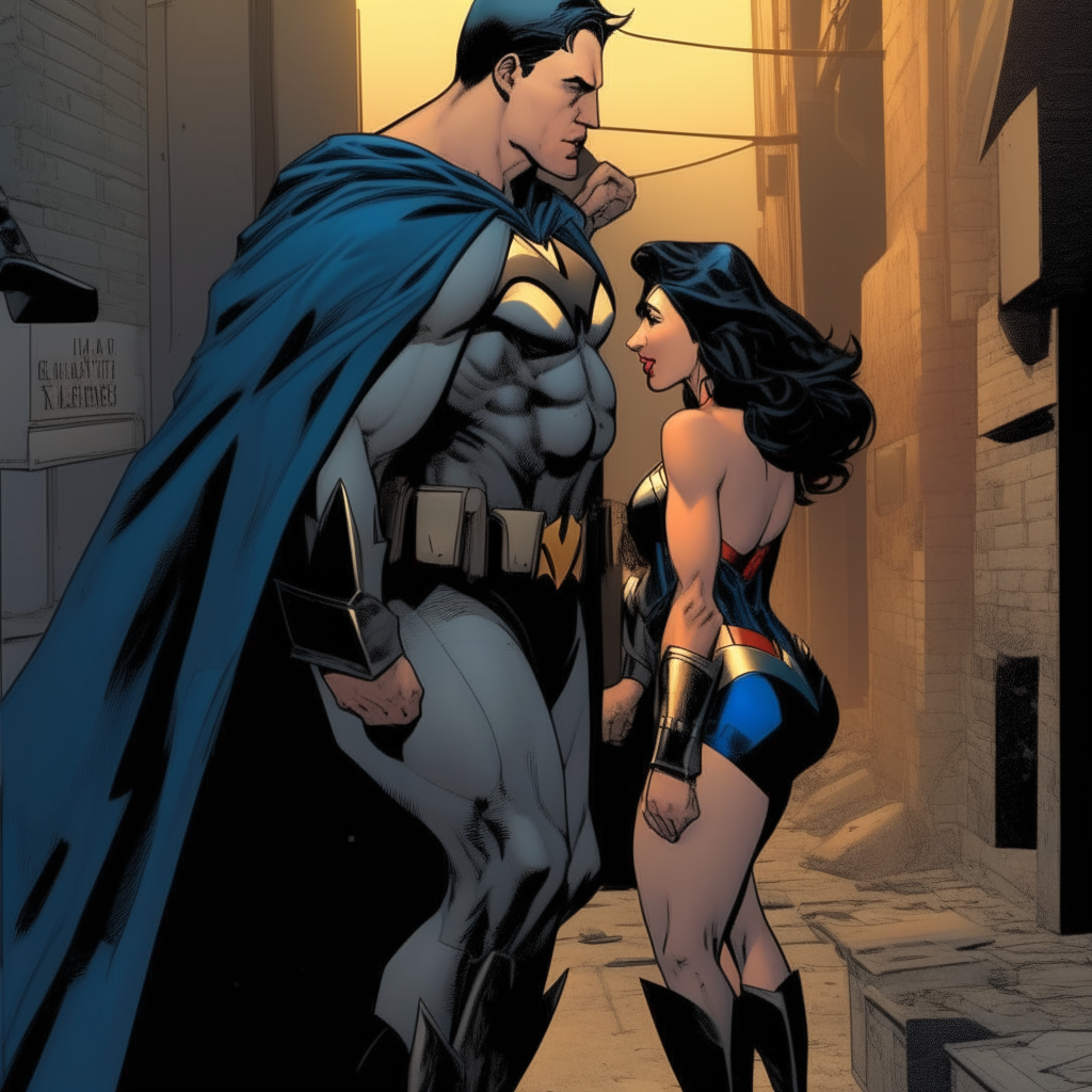 batman surprises wonder woman in a lonely alley and penetrates her from behind while she moans with pleasure.