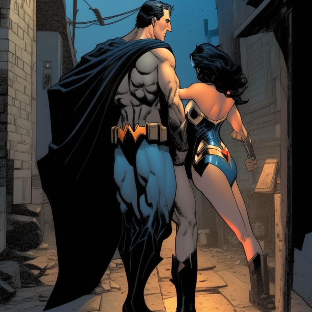 batman surprises wonder woman in a lonely alley and penetrates her from behind while she moans with pleasure.