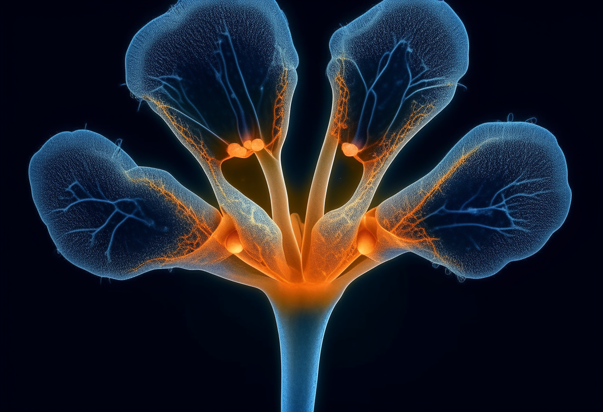 Cells with synapses sparking in the shape of a tulip with 6 petals 