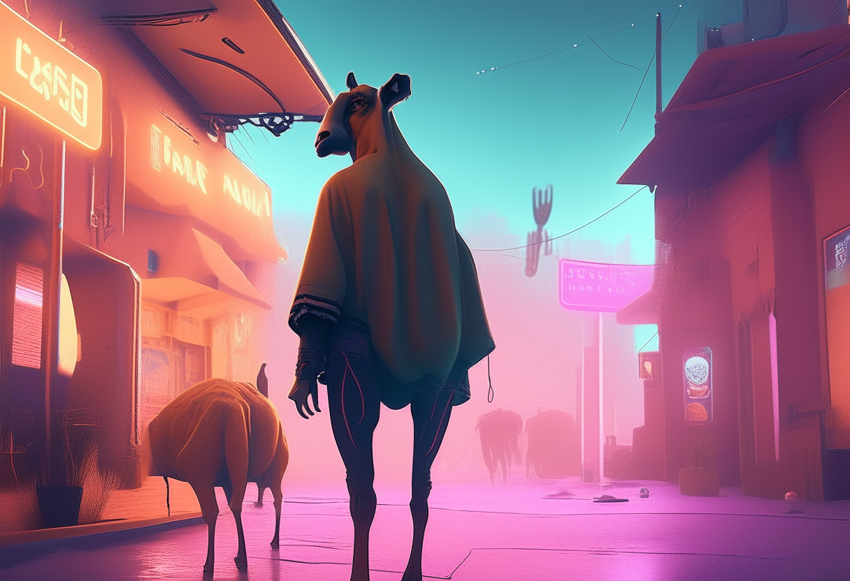 A funky two-humped camel wearing sunglasses and a leather jacket walks down the dusty main street of a small desert town in 2077. Tall neon signs glow above empty storefronts as the camel surveys the quiet scene with curiosity. retrofuturistic cyberpunk style