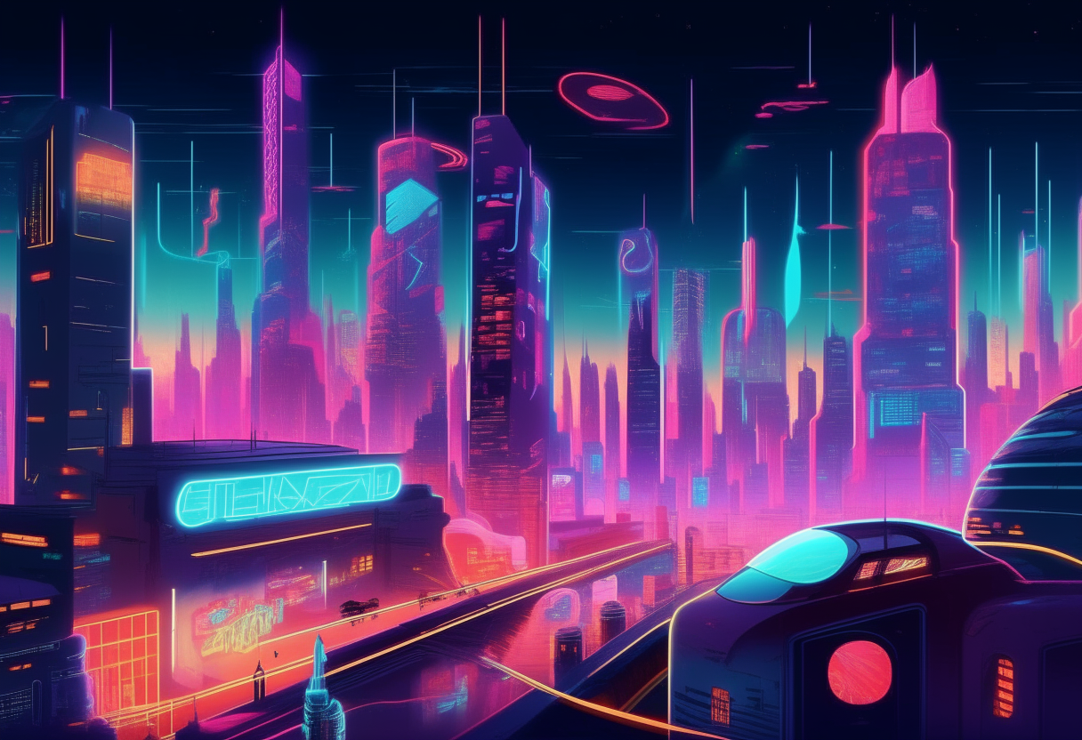 a retrofuturistic cityscape of Funky Town at night, with neon lights and flying cars
