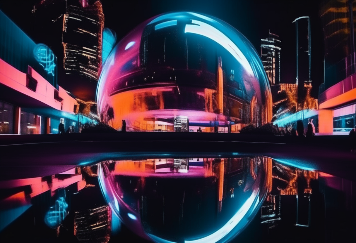 una gran bola de espejos reflejando los edificios y luces de neón de una ciudad futurista funky de noche