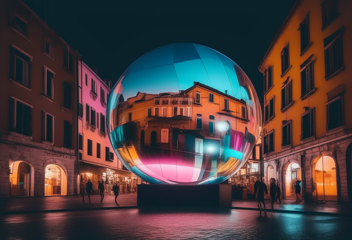 a large mirror ball suspended above colorful buildings and piazzas, reflecting the neon lights and flying cars of a futuristic Italy at night