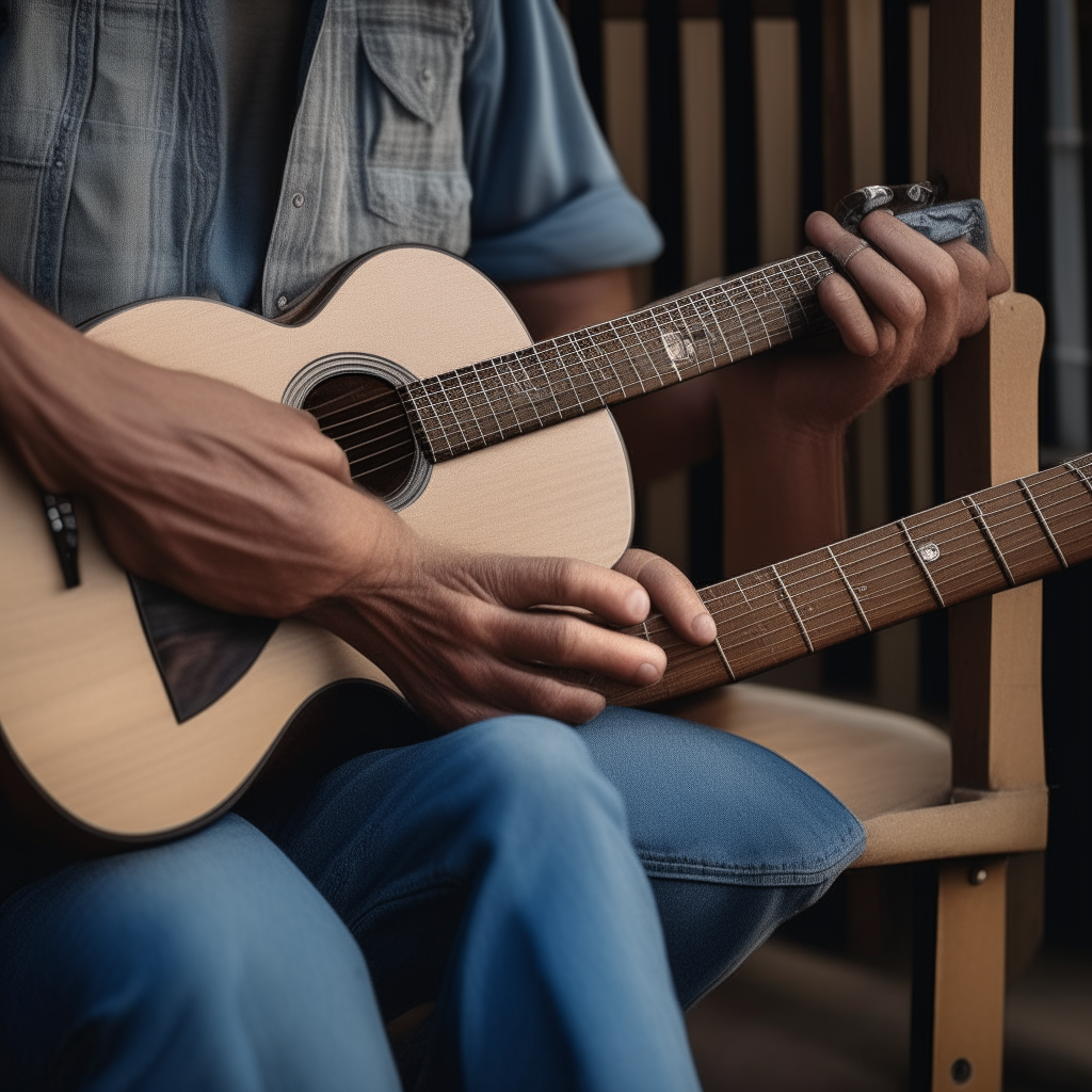 Prompt: A lone blues musician, sitting on a dusty porch swing outside a ramshackle bar, pours his soul into a battered acoustic guitar. The setting sun paints the sky in fiery hues, reflecting the raw emotion in the music.