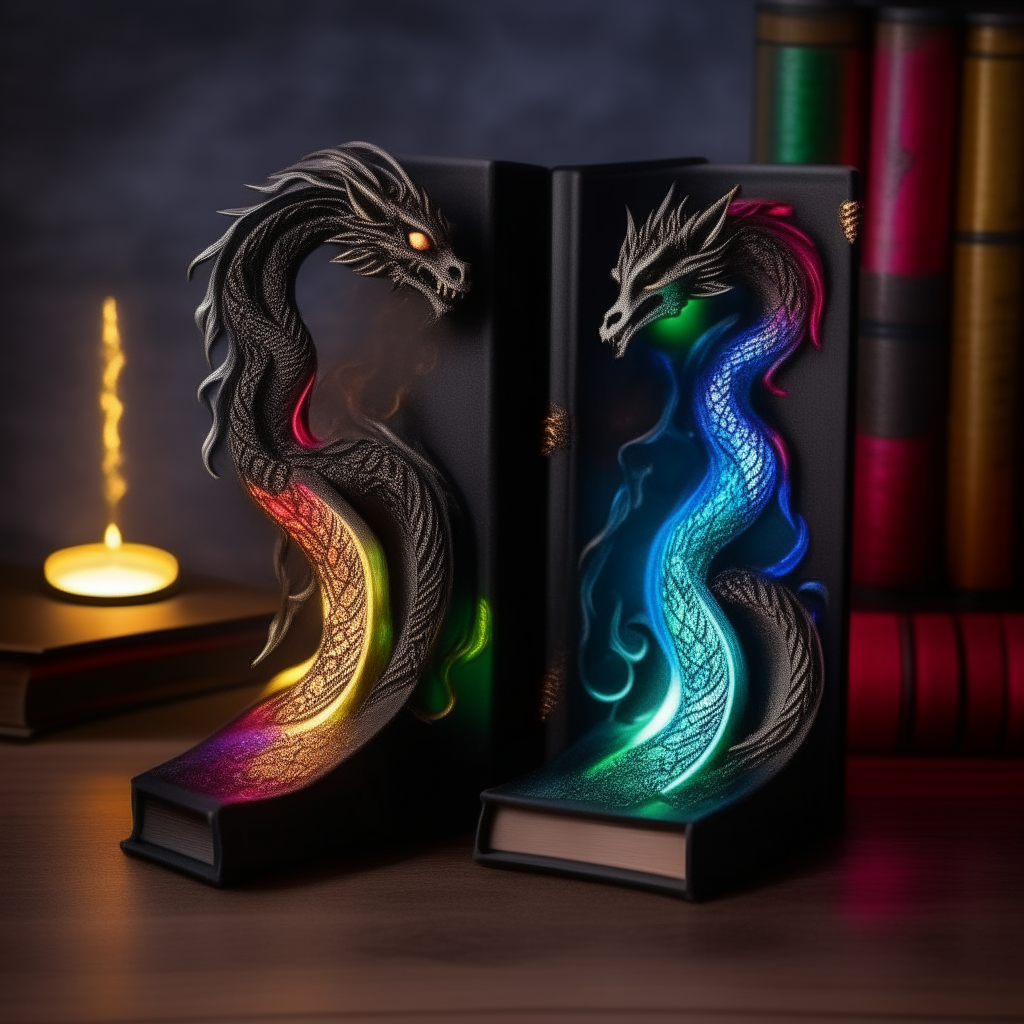 Prompt: Create a hyper-detailed, photo-like image of two bookmarks holding a mysterious, ancient leather-bound book of magic.   Each bookmark is an intricately detailed dark wood carving of a winged, fire-breathing dragon.   They should look as if they are pressuring each other to lift the book.   Added a bokeh background of an antique bookstore.   including sunlight and dust in the air   It showcases books glowing with glowing neon lights and mysterious black-gray mist.