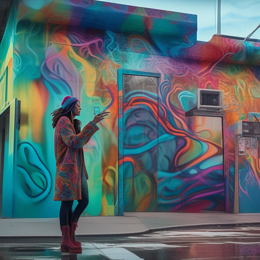 A homeless woman stands on a street corner, dressed in vibrant swirling patterns. The environment blends reality and fantasy, with floating furniture, melting walls and disjointed neon architecture surrounding her as she argues loudly but unseen on an old mobile phone