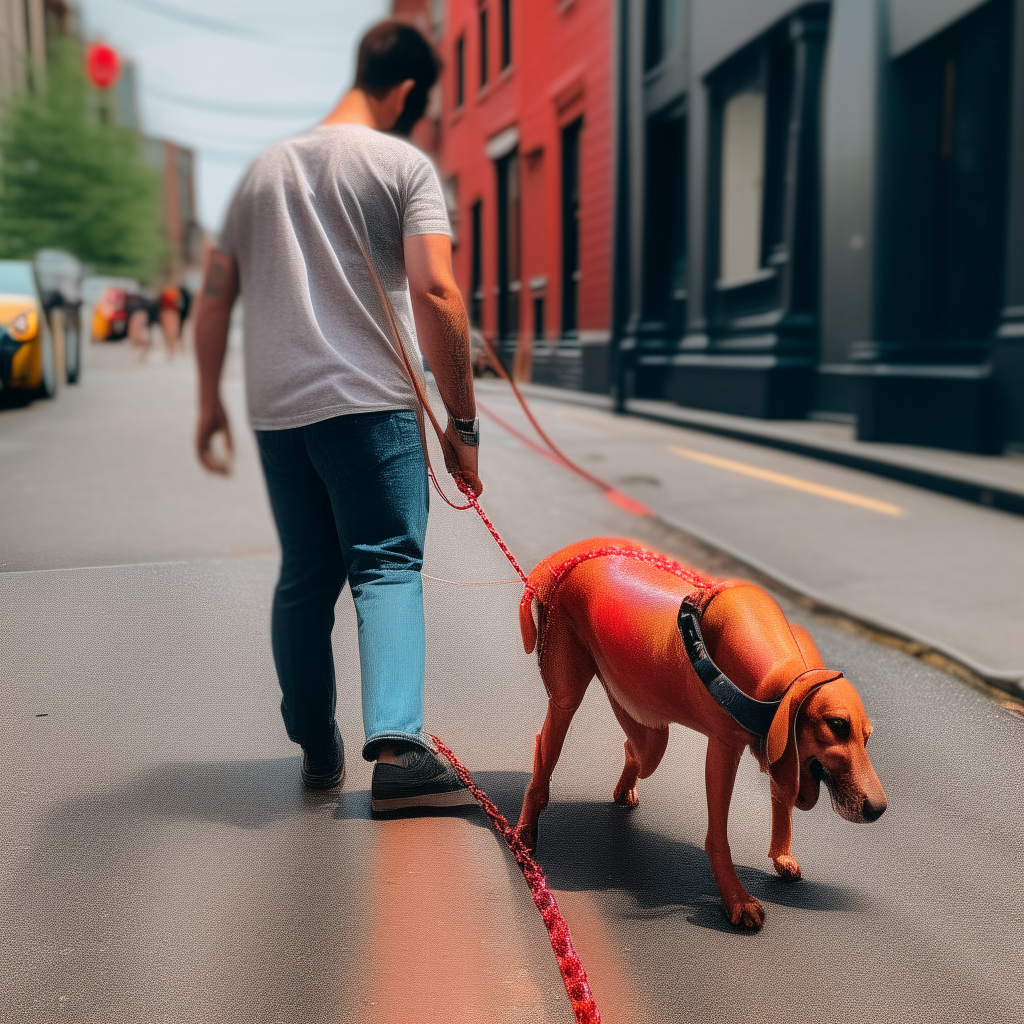 A man walks his pet lobster on a leash down a rainbow sidewalk
