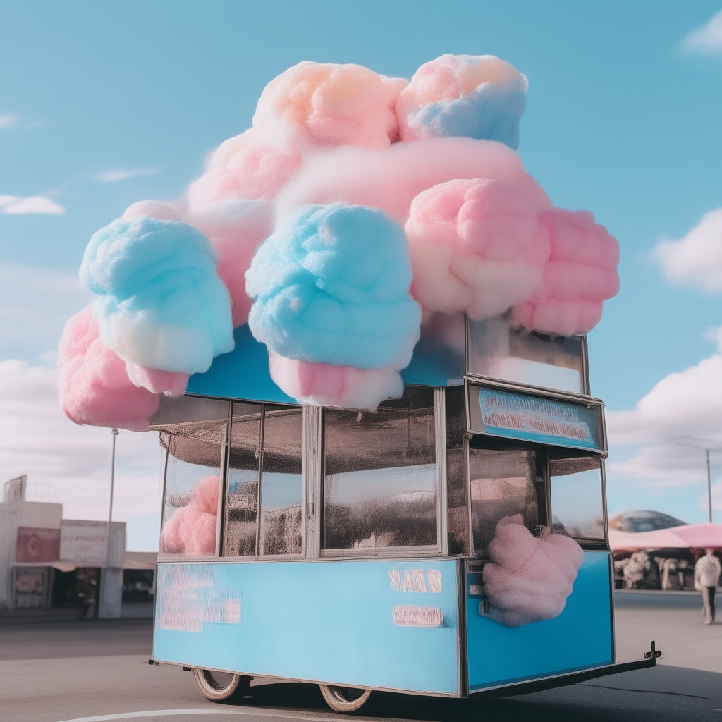 A food cart selling cotton candy ice cream cones floats through the air