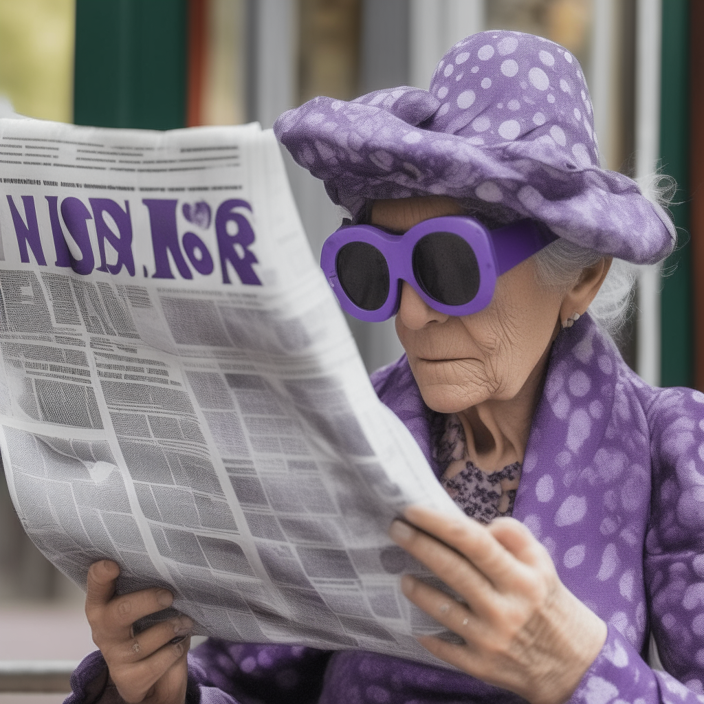 A woman reads a newspaper printed with melting clock faces under a purple polka-dot sun