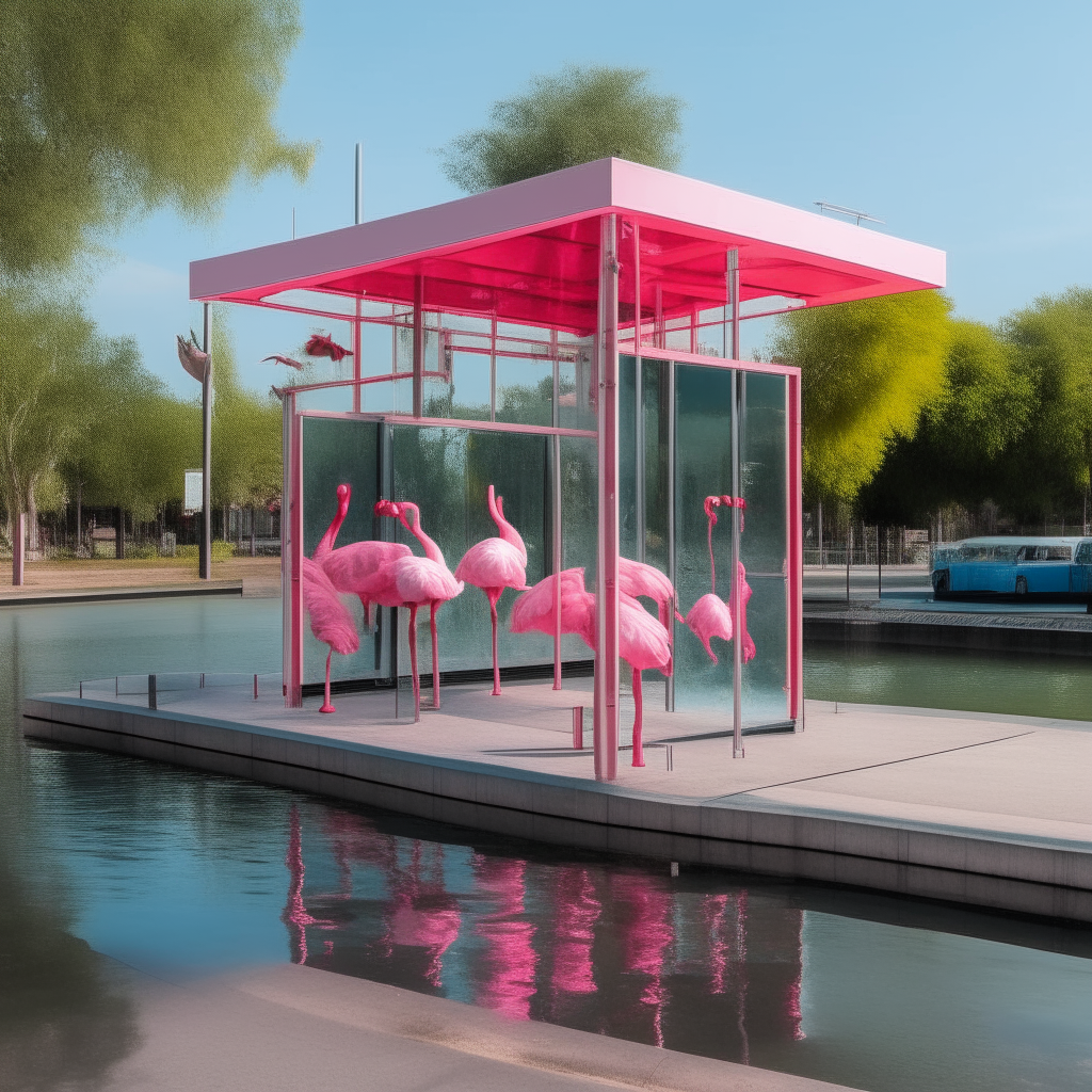A floating bus stop shelter passes by, filled with dancing flamingos