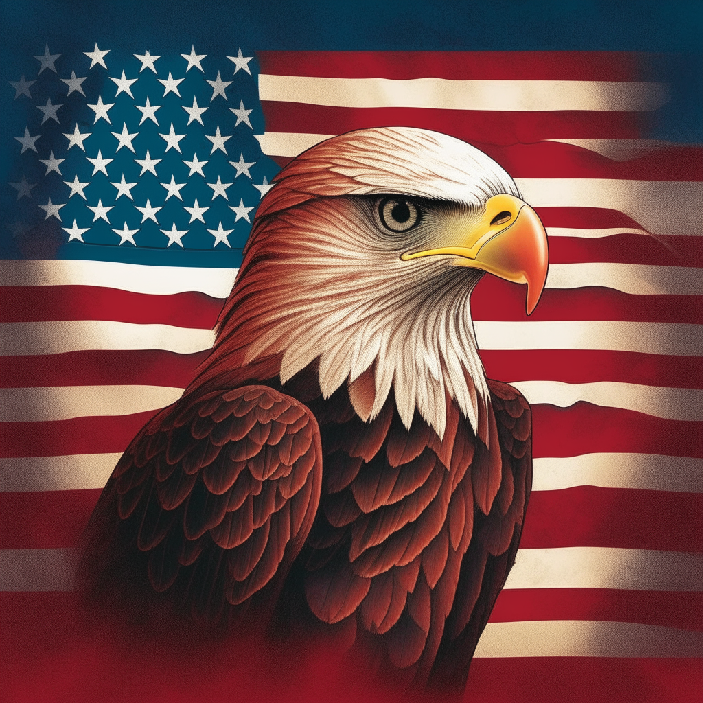 An American patriot album cover with red, white and blue colors, a bald eagle, and American flag design