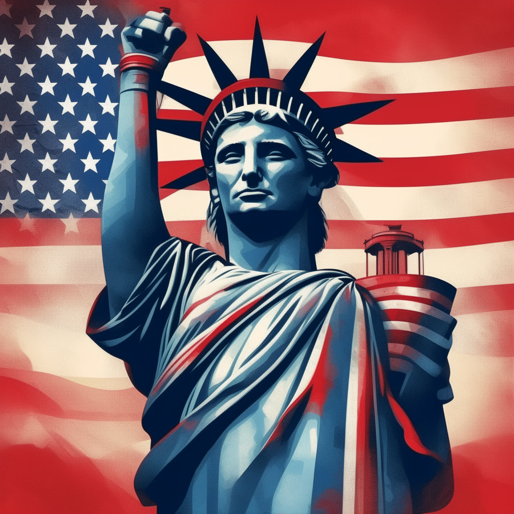 An American patriot album cover with red, white and blue colors, Statue of Liberty, American flag design, square