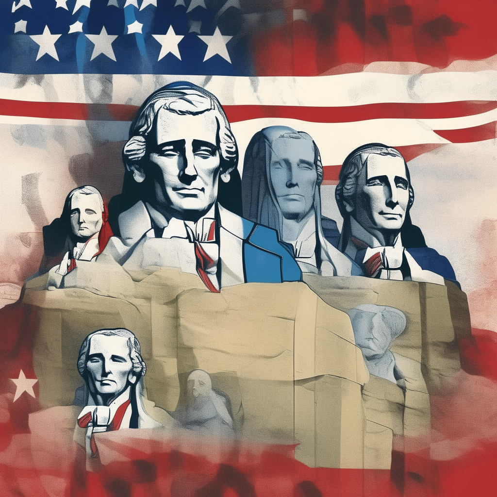 An American patriot album cover with red, white and blue colors, Mount Rushmore, American flag design, square