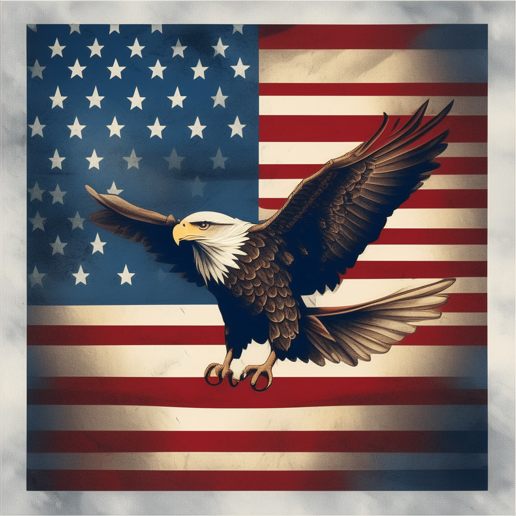 An American patriot album cover with red, white and blue colors, American flag, eagle in flight, square