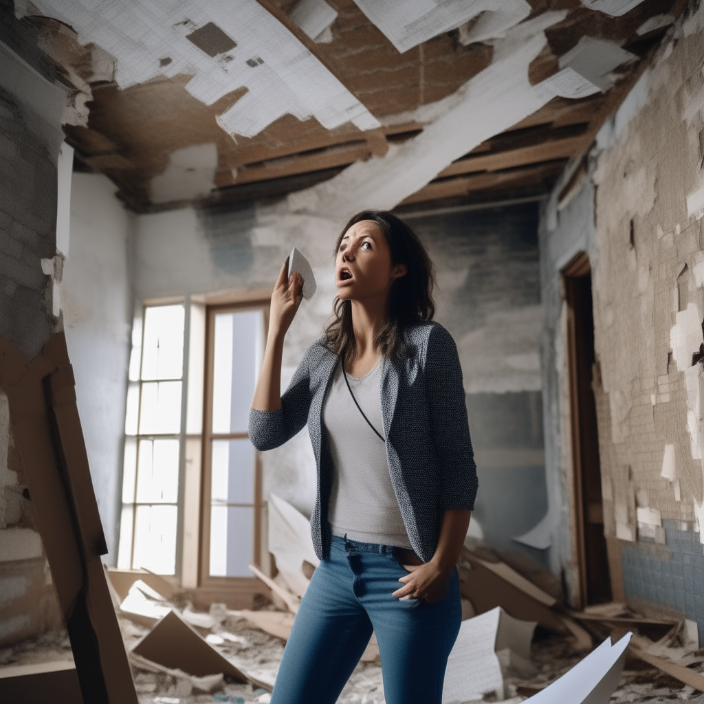 A woman stands in the ruins of a crumbling home, surrounded by elaborate renovation blueprints. She gestures passionately as she shouts renovation plans into a phone, oblivious to the dilapidated walls and foundations around her.