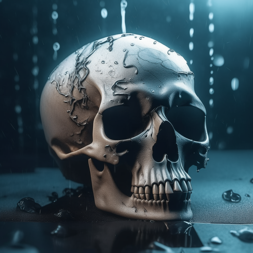Human skull frozen during dance  Beautiful masks of all shapes and sizes lay scattered on the floor.  Overturned furniture, broken glass, broken wood, abandoned objects, spider webs, mud, rain, lightning, masterpieces, mysterious atmosphere.  Volumetric indicators, low light, advertising, beautiful photography, European skin, s1000