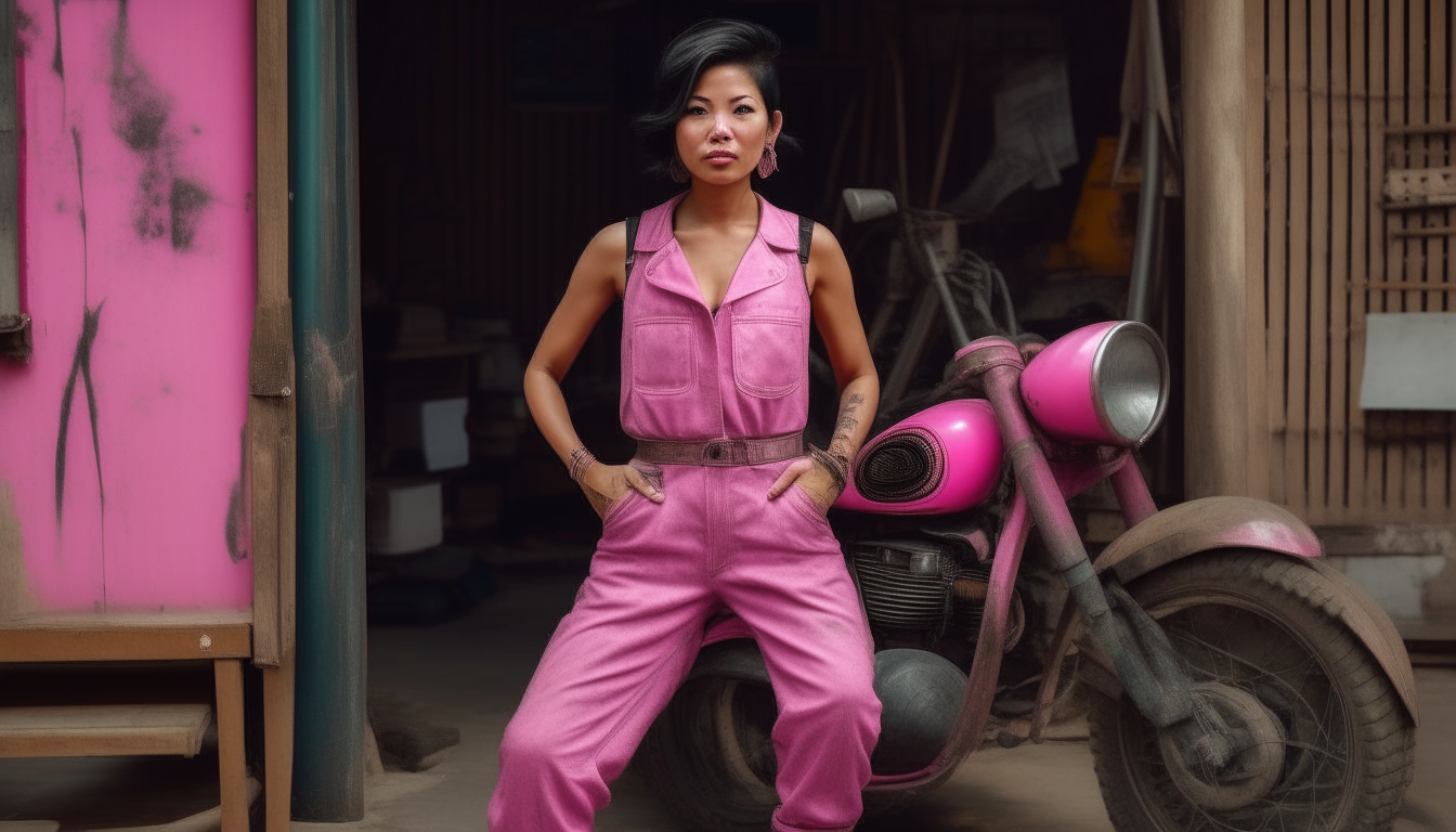 The ultra-realistic quality presents a Thai woman completely dirty with tangled black hair.  proportional shape  He was wearing dirty pink overalls and dirty boots.  Homeless man and her Harley motorcycle, old workshop background, kids, 3d uhd