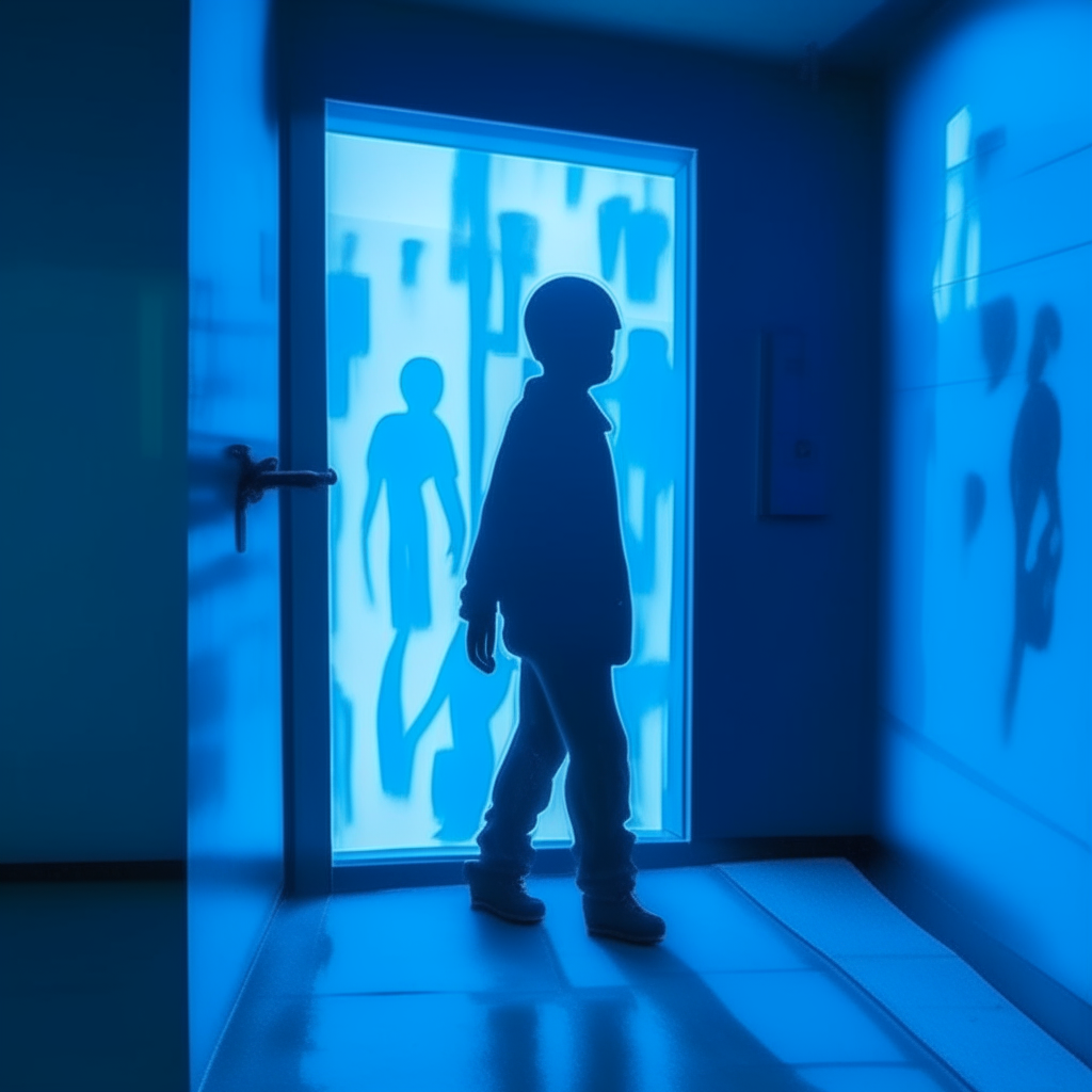Created Image: This image shows a blue building wall.   The image of a building wall is like the silhouette of a person behind the frosted glass at the back of the building.   This wall is visible through translucent lights.   On the left is a cartoon character, a child peeing, with a depth of field touching a wall with one hand.  street neon light