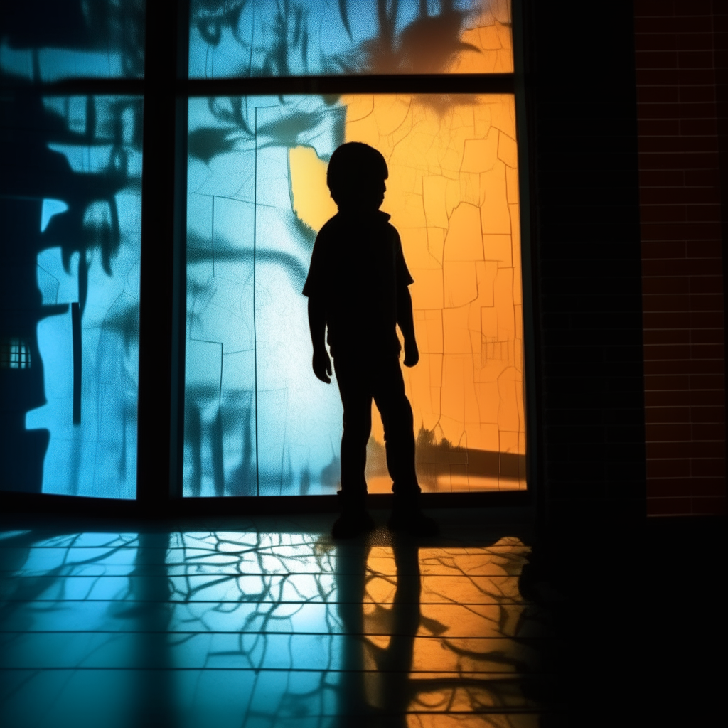 Created Image: This image shows a building wall with cracks showing bricks inside.   The image of a building wall is like the silhouette of a person in the frosted glass at the back of the building.   This wall is visible through translucent lights.   On the left is a cartoon reflection of the character, a child peeing, with a depth of field appearing on the wall with his dark shadow.  Neon light on the road