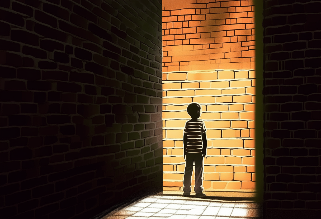 Created Image: This image shows a building wall with cracks showing bricks inside.   The image of the building wall is like the silhouette of the person behind the building.   This wall is visible through translucent lights.   Cartoon reflection of the character, a child peeing, with depth of field appearing on the wall with his dark shadow.  Neon light on the road