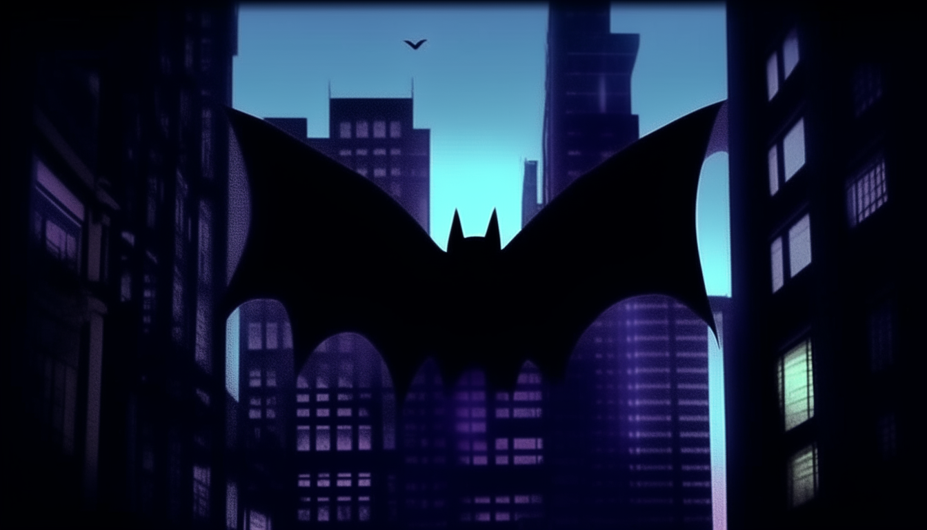 Created Image: This image shows an old, dilapidated abandoned building in the city.   The silhouette reflected on the wall of the building was like a shadow image of  A bat spreads its wings in front of the building wall.  Visible through the bright surface of the building's walls.   cartoon black shadow   Bat spreads its wings  with depth of field reflecting shadows on a night with neon lights from the street 8k