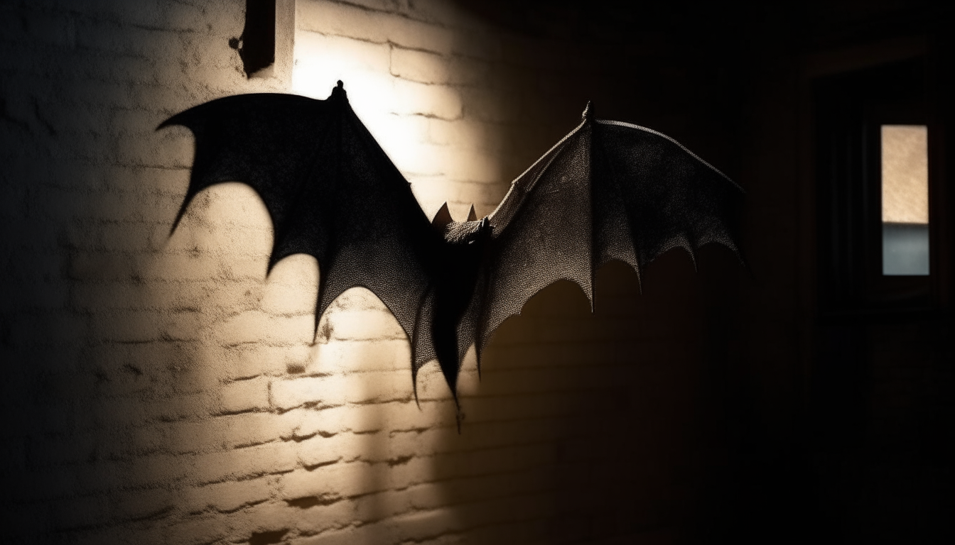 Created Image: This image shows an old, dilapidated building in a busy city.   The silhouette reflected on the wall of the building was like a shadow image of  A bat spreads its wings on the side of an abandoned building from the spotlights shining on it.  So you can see the surface of the building wall.   It's a dark shadow." The bat spread its wings.  "with a depth of field that reflects shadows on a night with beautiful light from the road 8k
