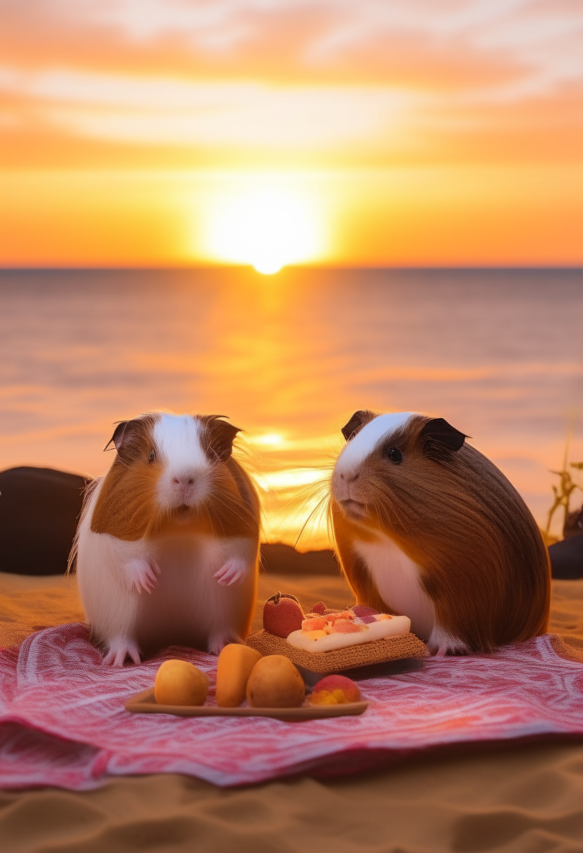 two guinea pigs at sunset beach having picnic


