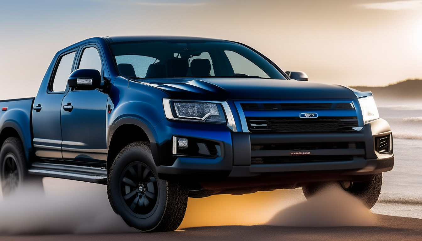 Racing type
  -
   Ready to see the picture below.
  bing ai prompt >>
  Blue Isuzu Dmax pickup truck, wide angle shot, driving fast, there's a lot of black smoke coming out of the back of the truck. On the beach road as the background image.   ,uhd8k,amazing,cinematic,wideangle