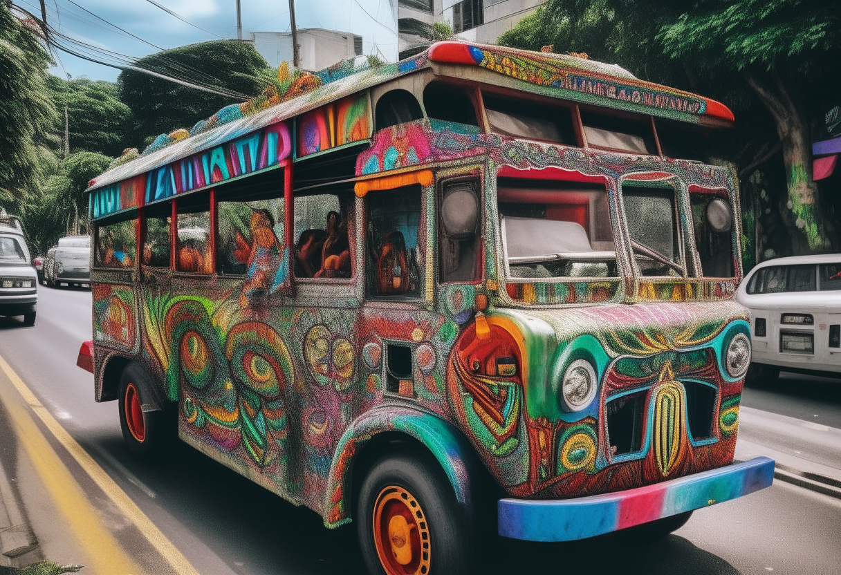 A colorful jeepney navigates busy streets in the Philippines, decorated with intricate artwork representing local culture and heritage