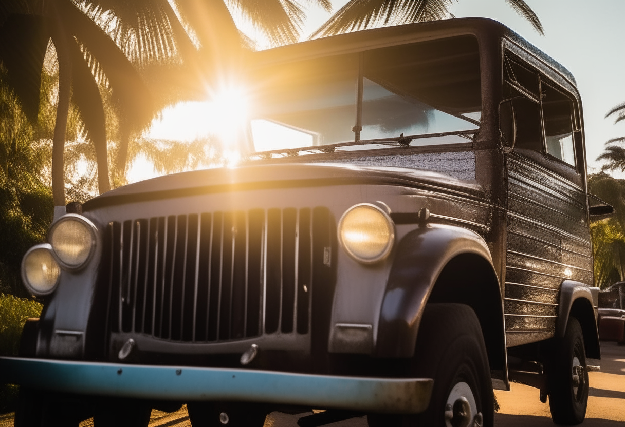 The chrome bumpers of a jeepney catch the first rays of sunlight amid palm trees