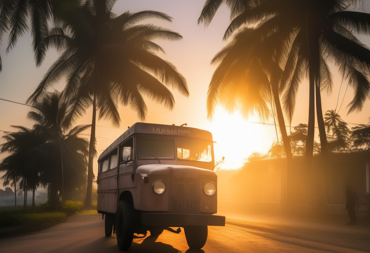 A jeepney pulls up amid palm trees as the morning sun rises