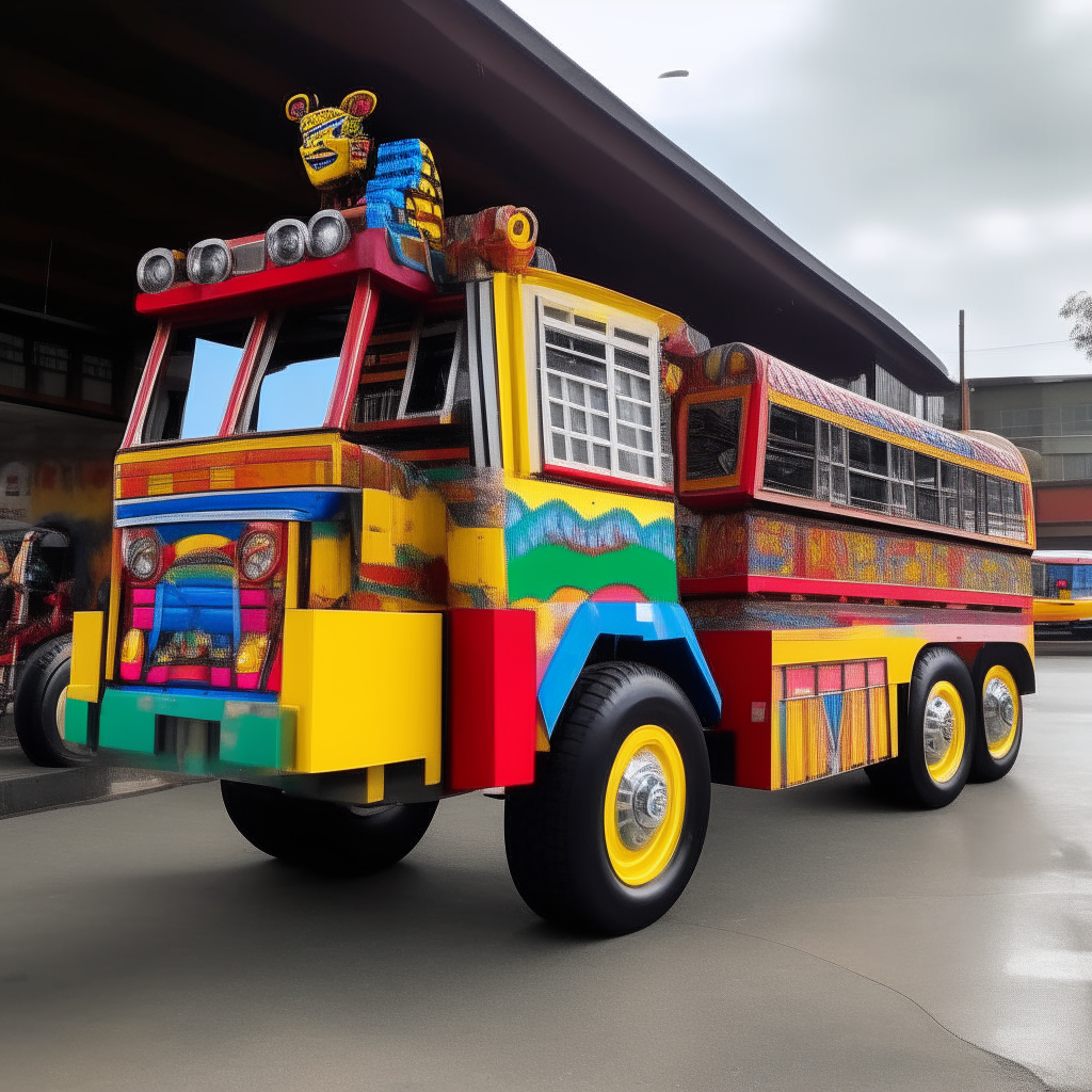 A brightly colored bus and large toy truck with a robot sit parked side by side