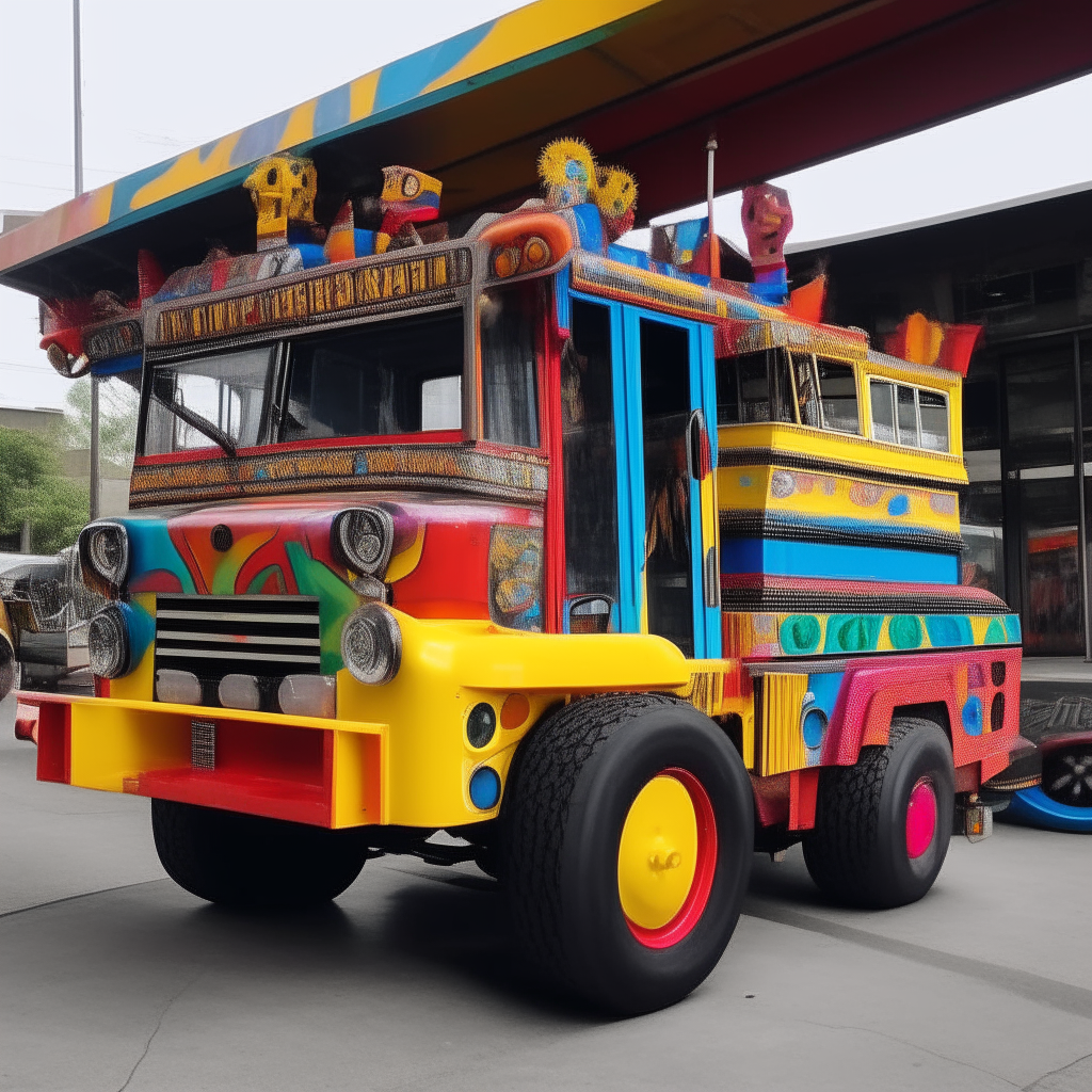 A brightly colored bus and large toy truck sit parked alongside, with a robot perched on the truck