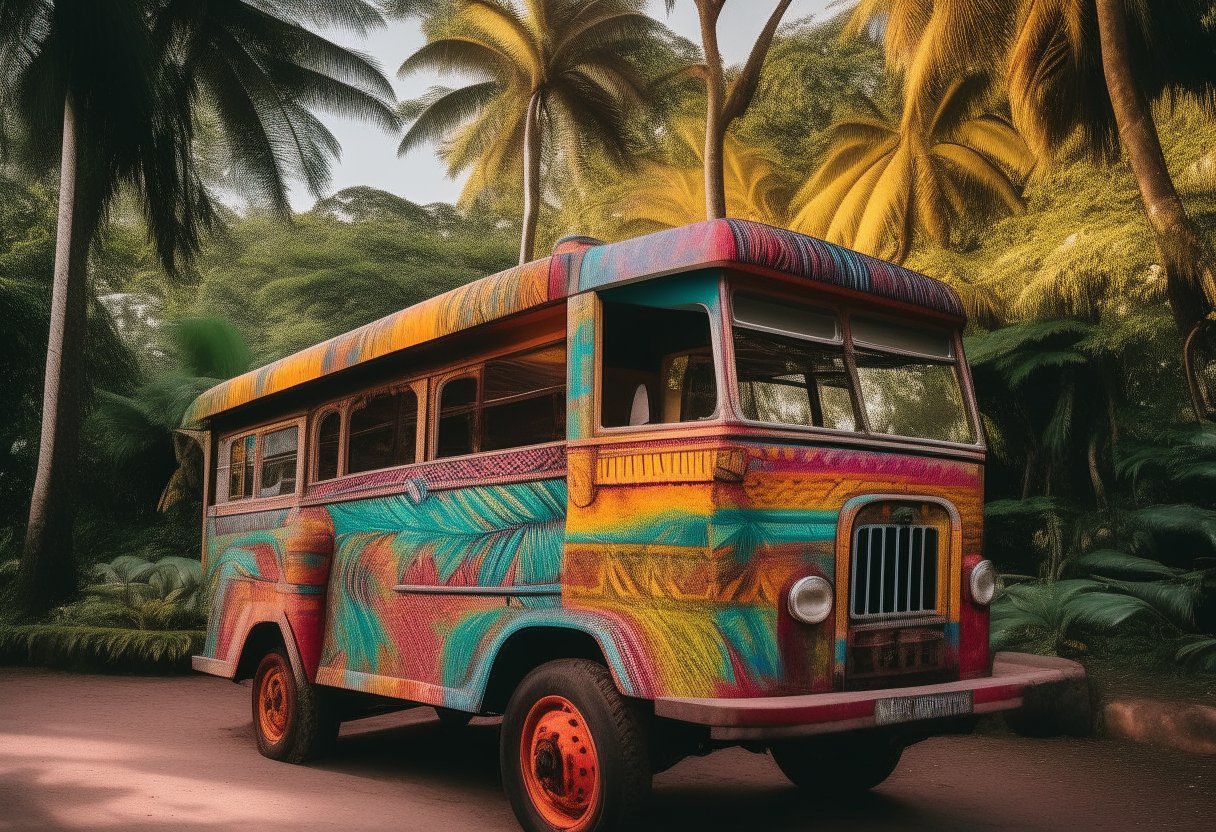 A jeepney decorated with vibrant colors and patterns sits amid palm trees in the early morning light