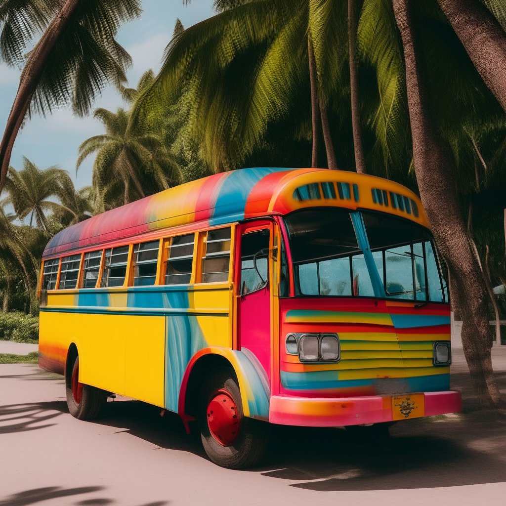 A brightly colored bus sits parked under palm trees