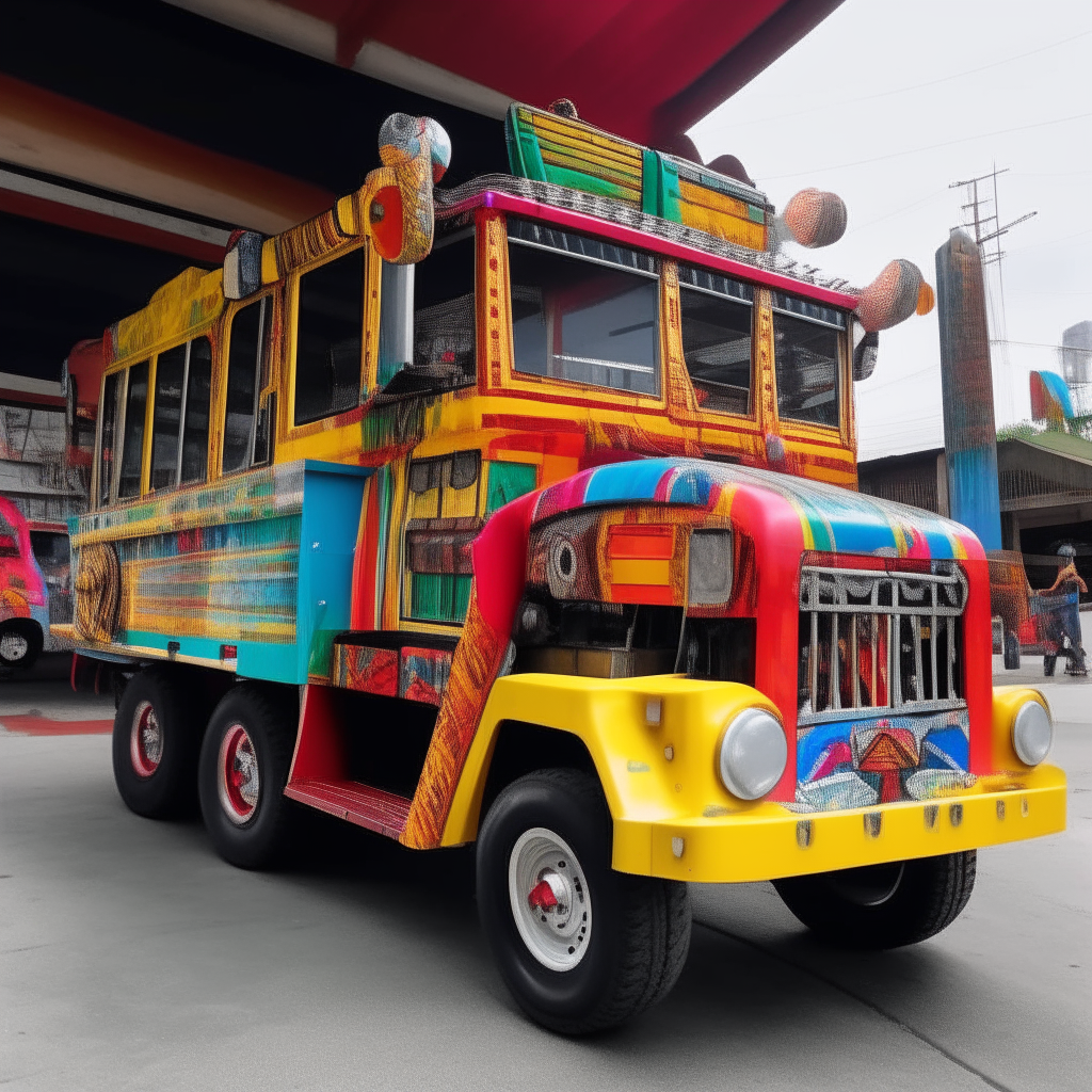 A brightly colored bus and large toy truck sit parked alongside, with a robot perched on the truck