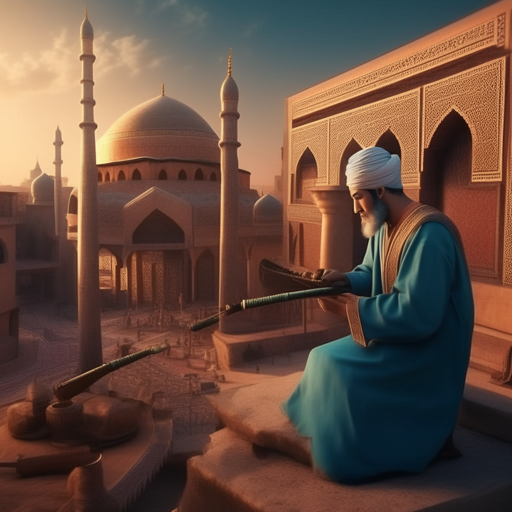 ancient muezzin palying an islamic instrument NEY in front of an impressive scenario of an ancient colorful islamic city, cinematic, highy detailed