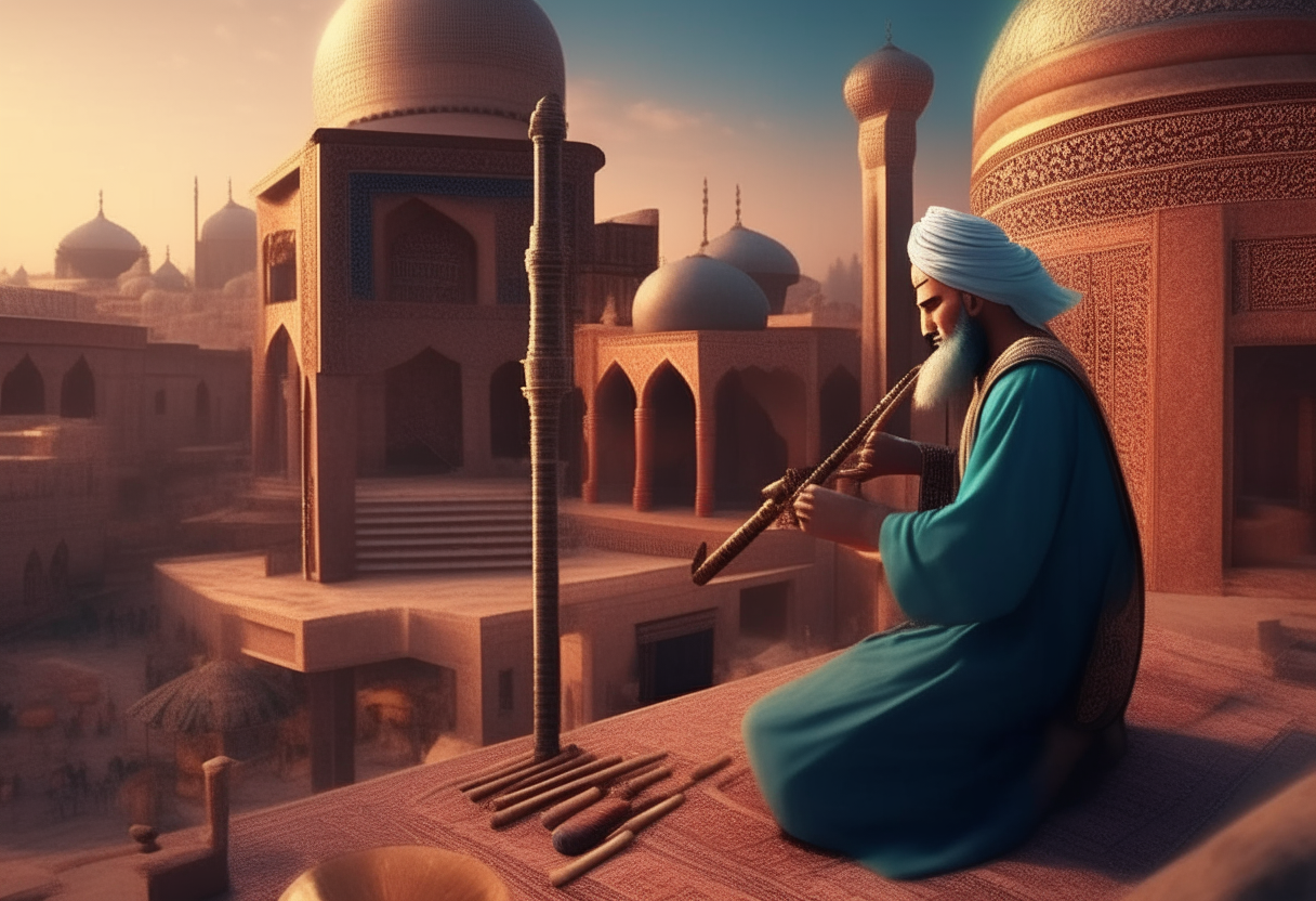 ancient muezzin palying an islamic instrument NEY in front of an impressive scenario of an ancient colorful islamic city, cinematic, highy detailed