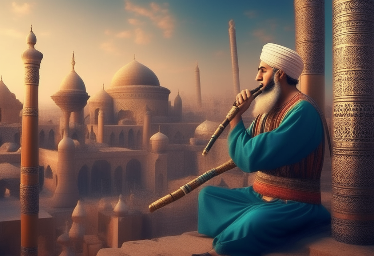 ancient muezzin palying an islamic flute NEY in front of an impressive scenario of an ancient colorful islamic city, cinematic, highy detailed