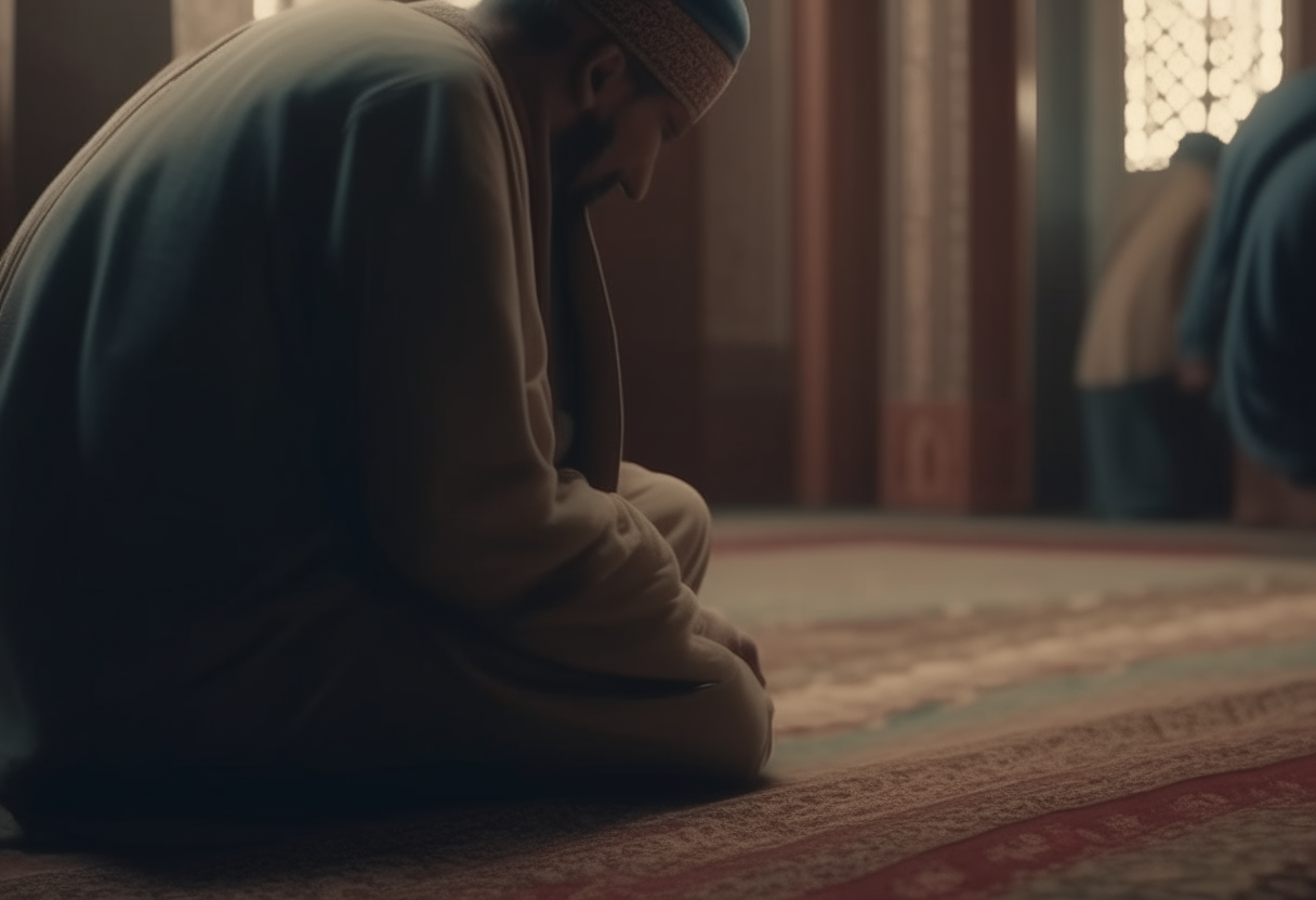 muslim men praying in a tipical islamic way, kneeling on carpets, detailed, cinematic 4k
