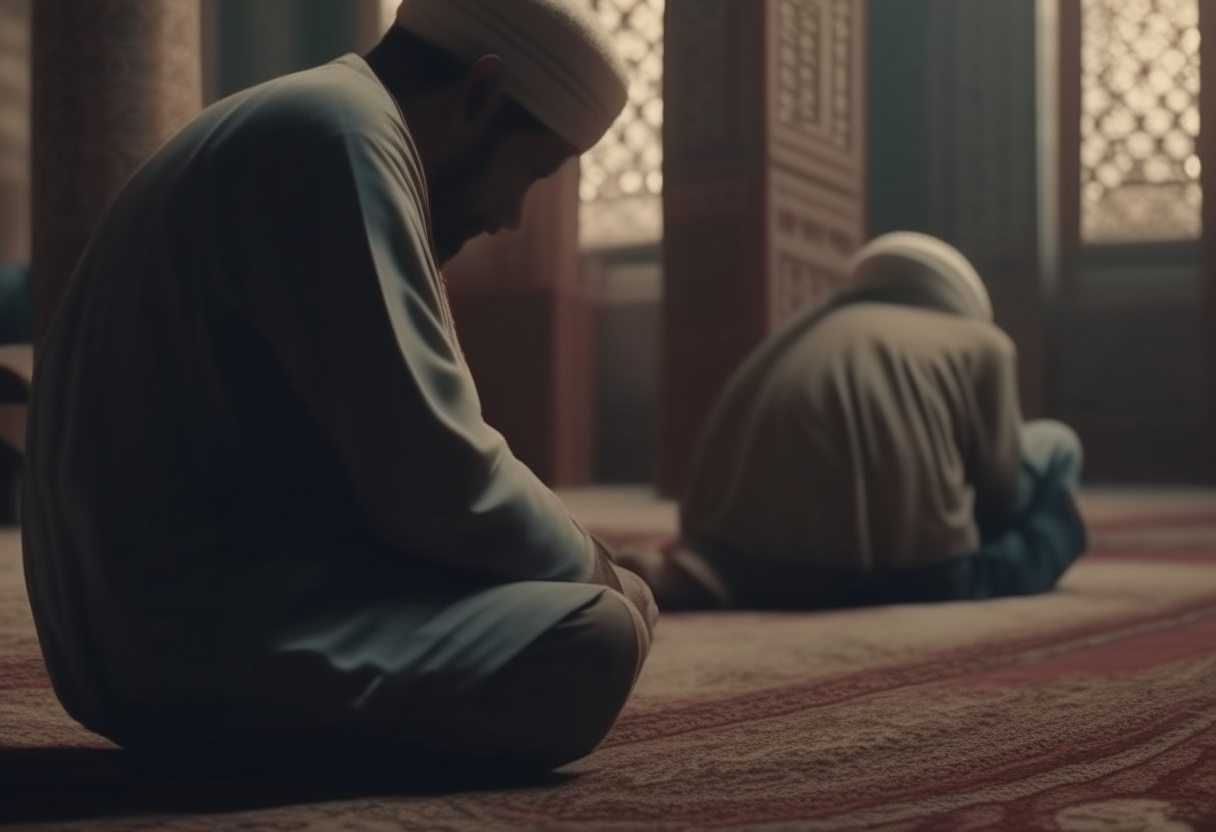 muslim men praying in a tipical islamic way, kneeling on carpets, detailed, cinematic 4k
