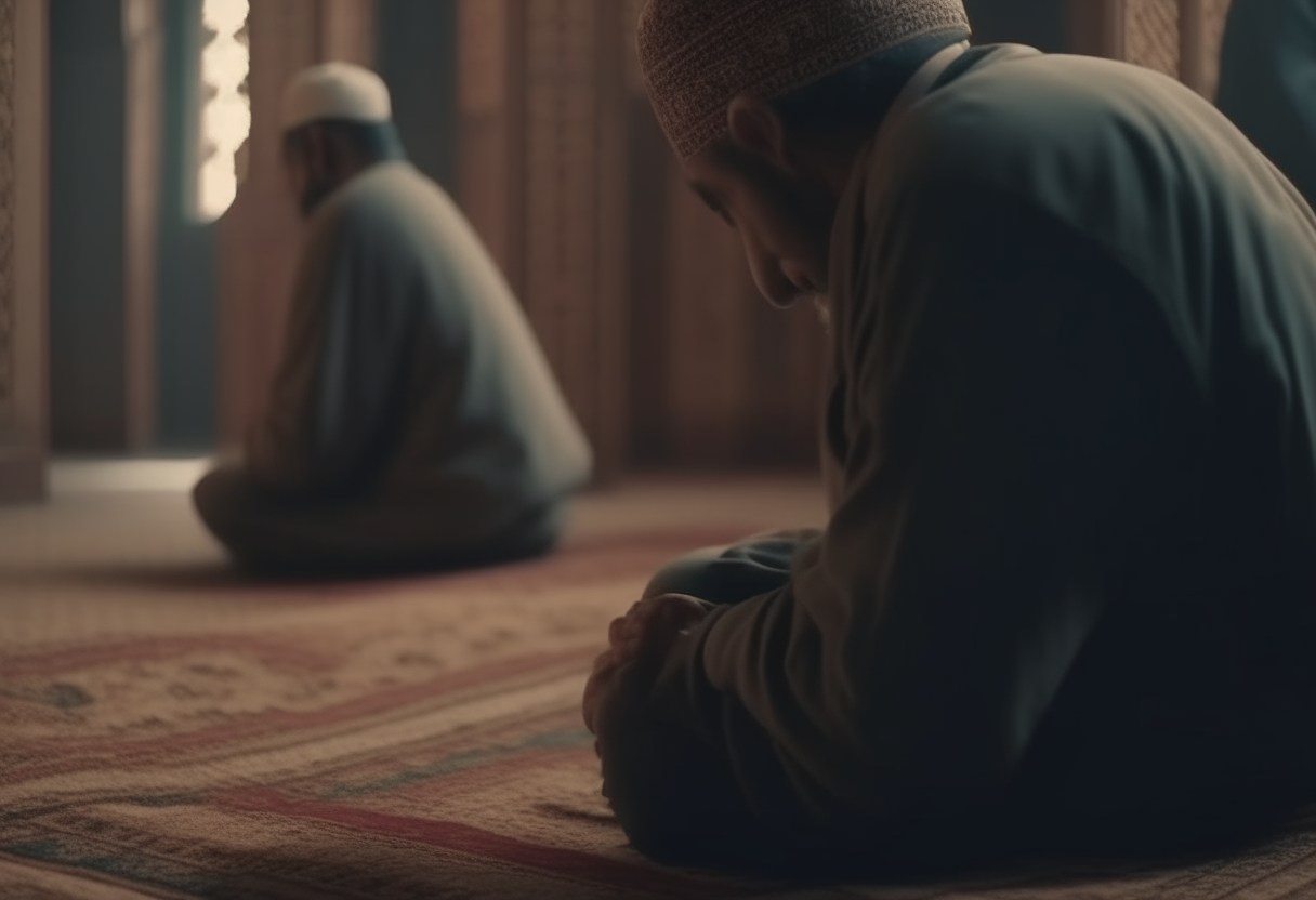 muslim men praying in a tipical islamic way, kneeling on carpets, detailed, cinematic 4k
